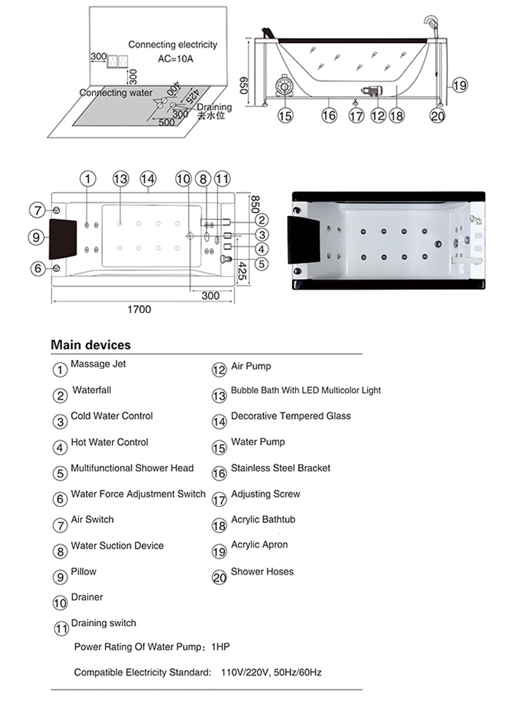 rectangular-brushed-ceiling-big-rain-showerLima-One-Person-Acrylic-Massage-Bathtub-with-LED